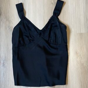 Wild Fable Black Satin Tank Top with Lace Trim and Back-Tie